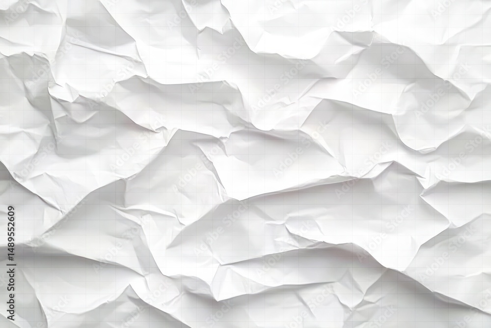 Close-up of white crumpled paper with visible grid lines, showing various folds and shadows creating a textured surface Close-up of white crumpled paper with visible grid lines, showing various folds and shadows creating a textured surface
