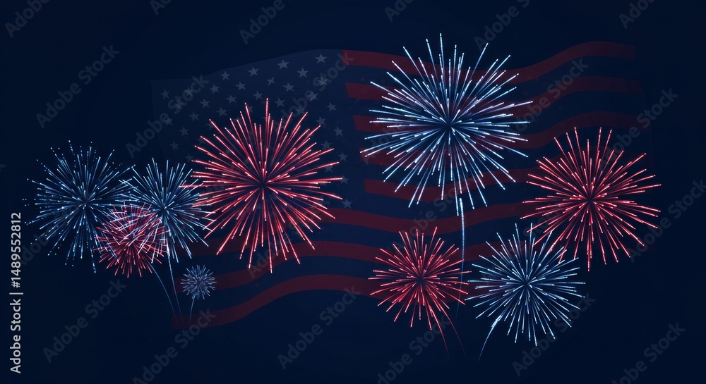 Fototapeta premium Illustrative vector of patriotic fireworks display against a waving flag backdrop