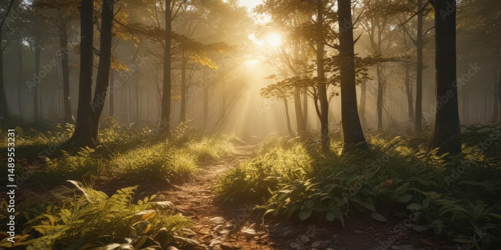 Obraz premium Golden sunlight streams through leaves, illuminating a vast, tranquil forest vista , shadow, view, background