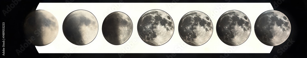 Naklejka premium Sequential phases of the moon showing transition from partial shadow to full illumination against a contrasting black and white background
