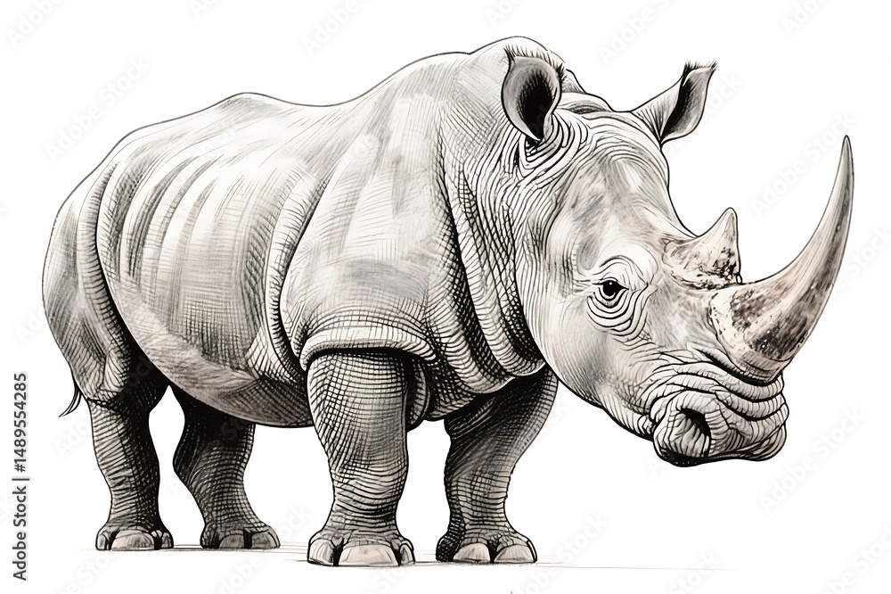 Fototapeta premium Rhinoceros drawing in a lifelike rendering with intricate linework, perfect for decor prints, suitable for nature books and educational assets focused on African wildlife and biodiversity themes.