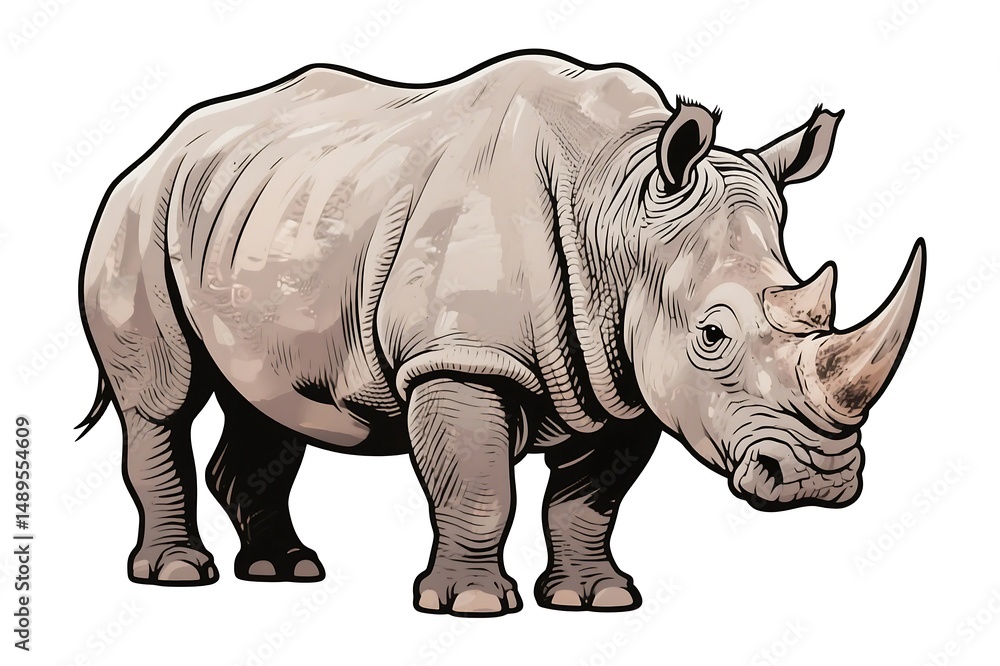 Obraz premium Rhinoceros drawing with bold shadows and a stylized appearance, perfect for vintage-style art, suitable for graphic tees, conservation posters, and bold visual assets in artistic wildlife collections.