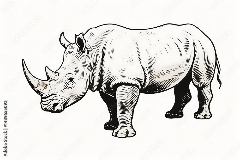 Obraz premium Rhinoceros drawing in monochrome line art style, ideal for tattoo designs and books, suitable for minimalist projects, logos, or any artwork needing a clean, defined, and powerful animal figure.