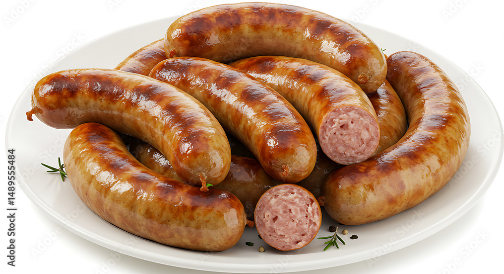 Plate of Grilled Sausages isolated on white background. American food Plate of Grilled Sausages isolated on white background. American food
