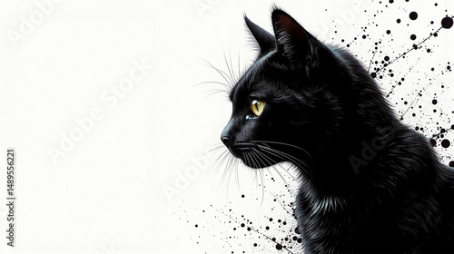 Elegant black cat art with expressive golden eyes, contrasted against a pure white backdrop with abstract paint splatter accents.