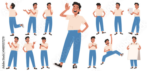 Set of character young cheerful asian guy in different actions on white background. Vector illustration