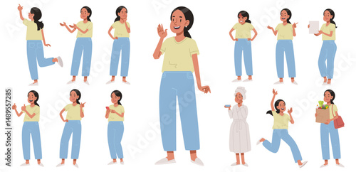 Set of young cheerful asian woman character in various poses and actions on white background. Vector illustration