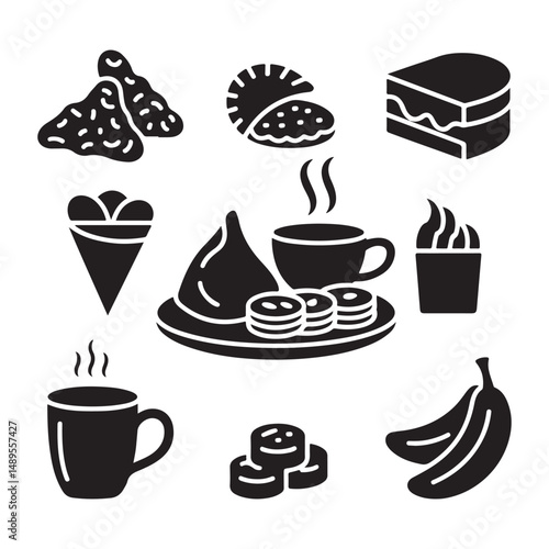 A set of simple, black and white icons depicting popular Indonesian snacks and beverages on white