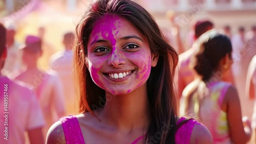 Wallpaper Mural Joyful celebration of Holi with vibrant colors in India capturing the spirit of joy and togetherness, Holi celebration in India Indian girl enjoys color powder amidst crowds of people Torontodigital.ca
