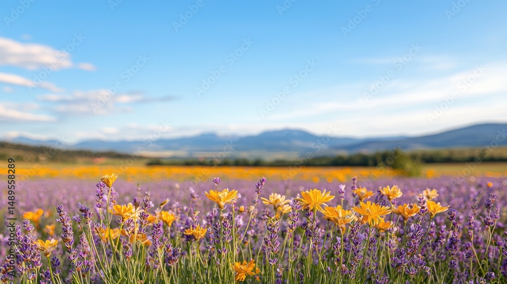 Fototapeta premium Capture the vibrant spirit of a meetup in nature, showcasing blooming flowers in radiant tones and soft lavender hues under crisp sunlight from a first-person perspective.