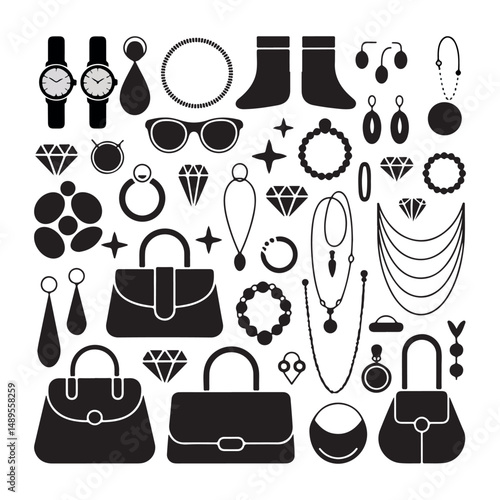 This graphic design showcases a comprehensive collection of women's accessories in a clean, modern, black-and-white style.