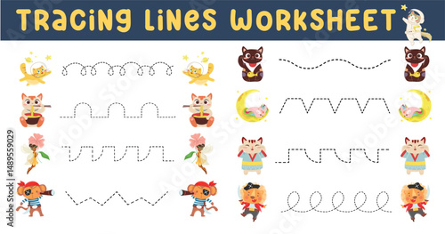 Tracing lines worksheet. Tracing practice for children. Educational worksheet for preschool.