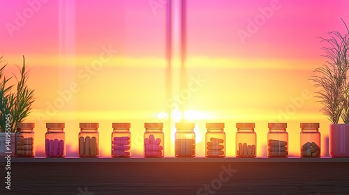 Create an artwork featuring vibrant nostalgic tones and bold magenta hues in vivid window light, showcasing the harmony of dietary supplements like nutrition and health supplements for optimal health.