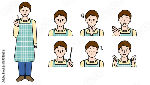 制服姿の男性保育士のイラスト素材セットA（全身・バストアップ／感情豊かな表情＆ポーズ）
