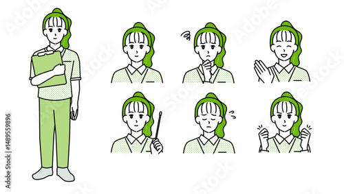 制服姿の女性介護士のイラスト素材セットA（全身・バストアップ／感情豊かな表情＆ポーズ）