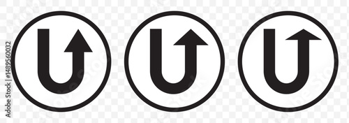 U turn, This Way, One Way, Only U Turn Black Arrow Sign Direction Icon Set. U turn sign vector art. Vector Illustration. U turn arrow symbol icon set on Transparent Background. EPS 10.