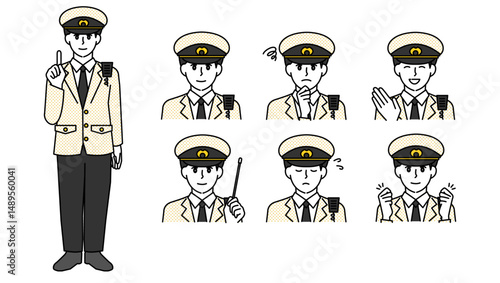 制服姿の男性警察官のイラスト素材セットA（全身・バストアップ／感情豊かな表情＆ポーズ）