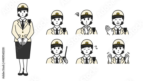 制服姿の女性警察官のイラスト素材セットA（全身・バストアップ／感情豊かな表情＆ポーズ）