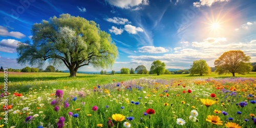 Fototapeta Naklejka Na Ścianę i Meble -  Sunny spring meadow with a vibrant array of wildflowers and trees against a soft blue sky and green grassy field
