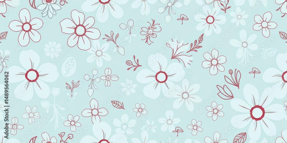 Fototapeta premium Seamless light blue-green floral doodle pattern, abstract flower illustrations, vector texture, summer, spring