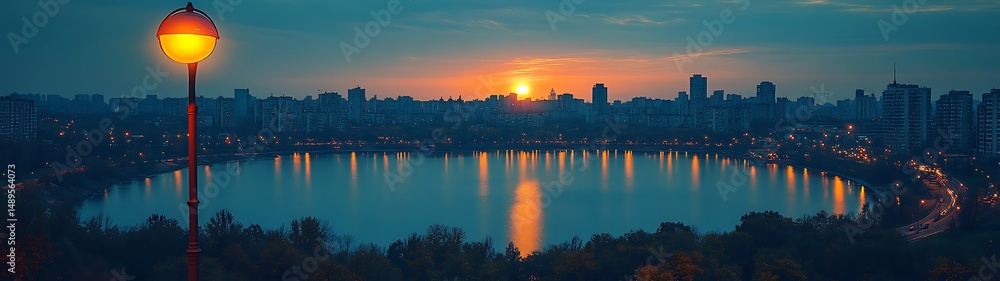 Fototapeta premium City Sunset over Lake