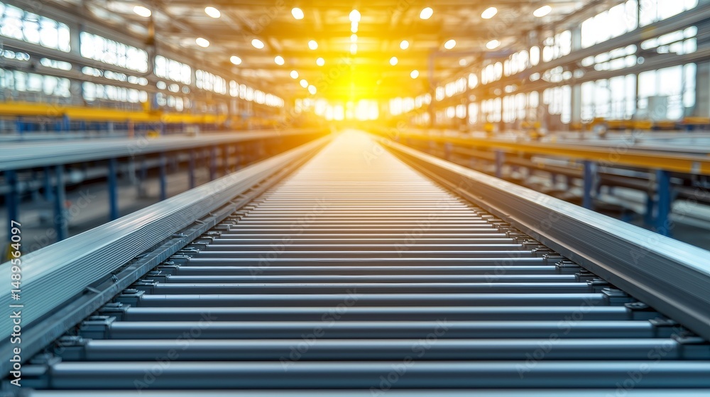 Conveyor belt leading into a bright warehouse at sunrise. Conveyor belt leading into a bright warehouse at sunrise.