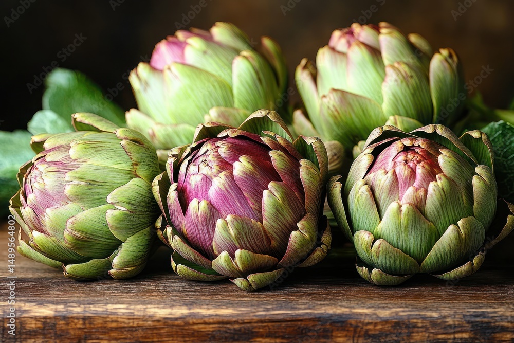 Fototapeta premium Close-up of fresh artichokes with green and purple hues resting on a wooden surface against a dark natural background
