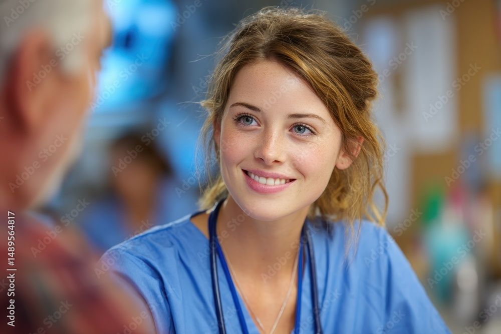 Smiling female nurse interacting with patient. Smiling female nurse interacting with patient.