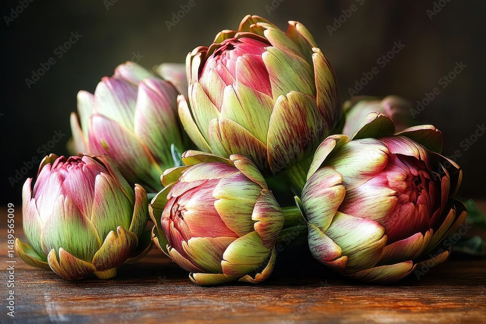 Obraz premium Close-up of five fresh artichokes with purple and green hues arranged on a wooden surface with a dark blurred background