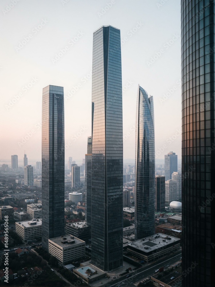 Fototapeta premium Aerial view of modern skyscrapers in an urban cityscape.