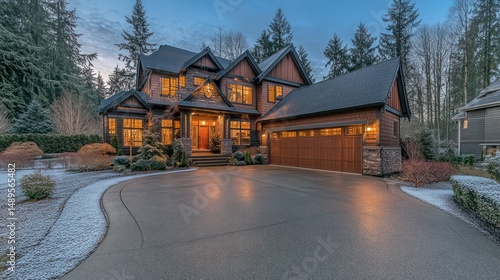 Luxury family home exterior at dusk winter landscape
