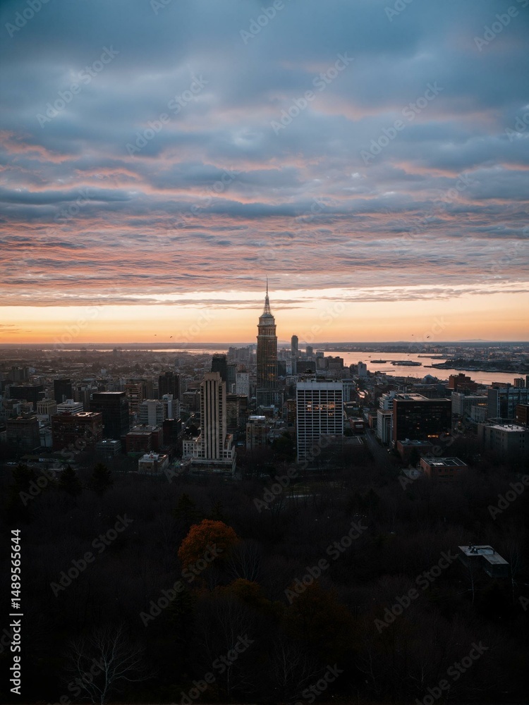Naklejka premium Aerial view of skyscrapers in city at sunset.