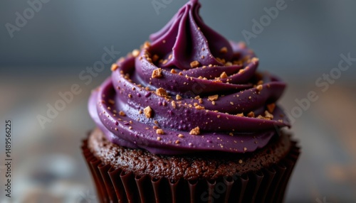 a fluffy chocolate cupcake with a rich, dark purple frosting that exudes decadence and sophistication.