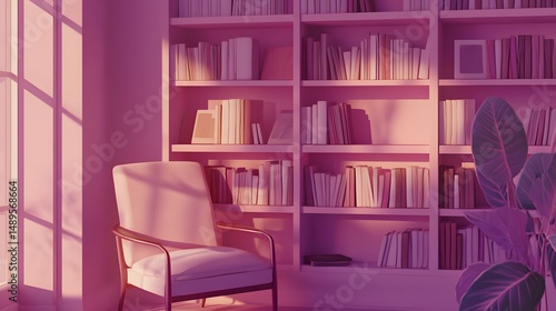 Wallpaper Mural Pink interior room with bookshelves and armchair. Torontodigital.ca