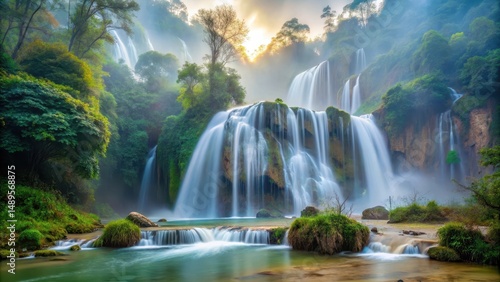 Misty morning by the Thi Lo Su waterfall , tranquility, water,  tranquility, water, fall, landscape