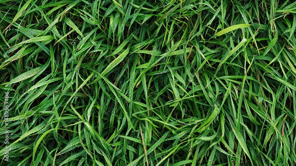 Close-up of dew-covered green grass in early morning sunlight Close-up of dew-covered green grass in early morning sunlight