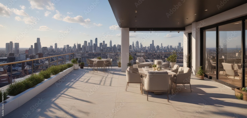 Fototapeta premium Luxurious condo unit, panoramic city view from private rooftop terrace , minimal, real estate, panorama
