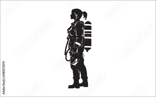 silhouette of a woman. firefighter, silhouette, rescue, emergency, uniform, helmet, hose, truck, team, danger
