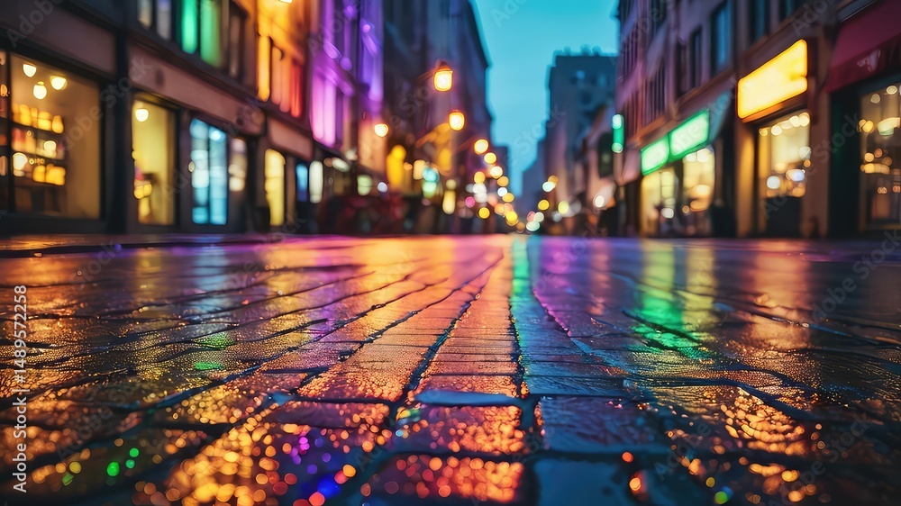 Obraz premium Illuminated City Street at Night Wet Cobblestone Reflection of Vibrant Storefronts