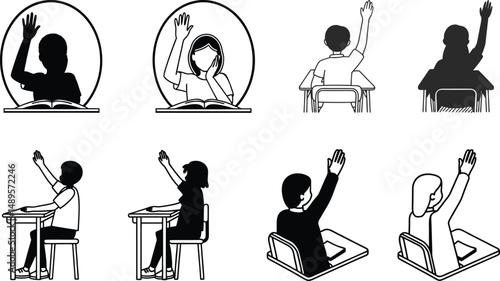 Students raising hand at desk, School education outline illustration.