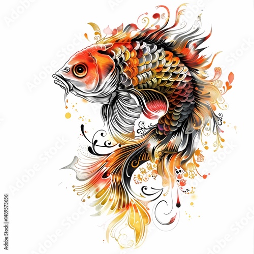 Wallpaper Mural Aquatic Beauty: Koi Fish Circling Amidst Delicate Golden Filigree.  锦鲤鱼 Torontodigital.ca