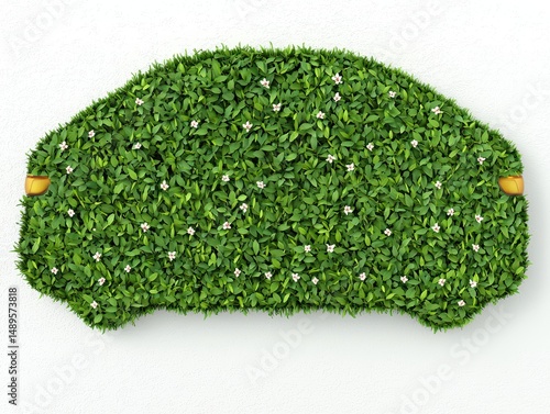 Car Shape Covered with Green Leaves and Flowers on White Background