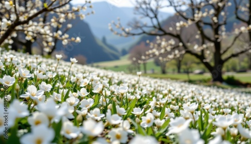the white tung flowers carpet the countryside in a sea of ethereal beauty, their delicate petals swaying in the gentle morning breeze, creating a breathtaking sight that is a true feast for the eyes.