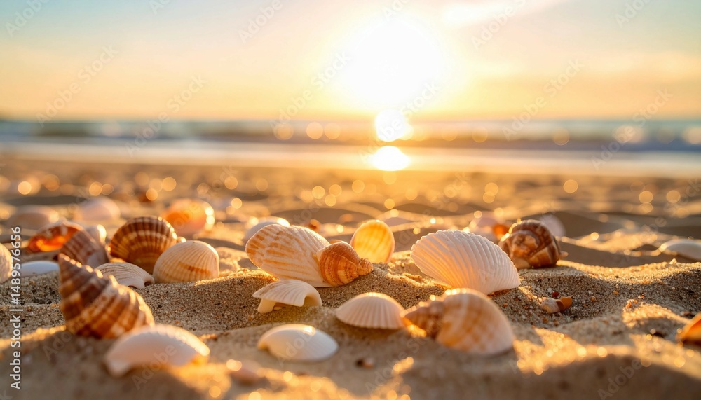 Seashells on a sandy beach at sunset, illuminated by warm light, evoke tranquility and summer vacation. Showcase for travel or relaxation themes Seashells on a sandy beach at sunset, illuminated by warm light, evoke tranquility and summer vacation. Showcase for travel or relaxation themes