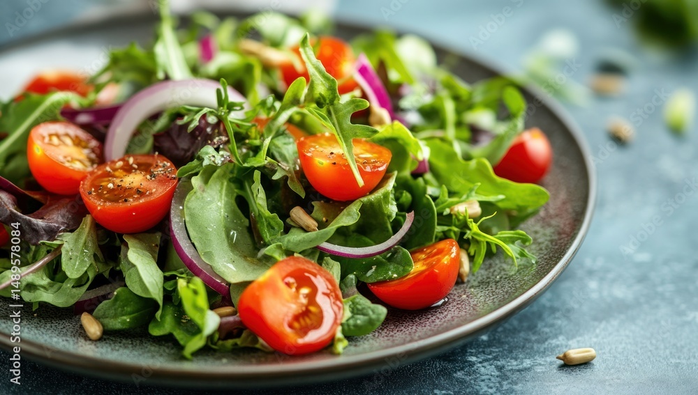 Delicious and Healthy Mixed Green Salad with Cherry Tomatoes and Red Onions Delicious and Healthy Mixed Green Salad with Cherry Tomatoes and Red Onions