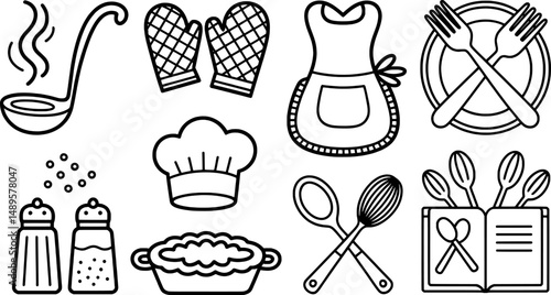 Cute kitchen utensils and cooking icons set