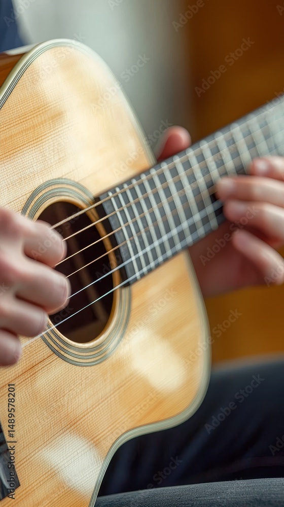 Fototapeta premium Close-up of hands playing an acoustic guitar.