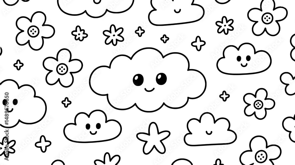 Obraz premium Cute cartoon clouds flowers seamless pattern