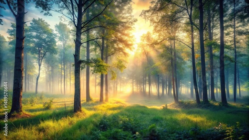 Soothing forest scene with misty dawn light and serene trees, inner peace, relaxation,  inner peace,relaxation, forest, nature