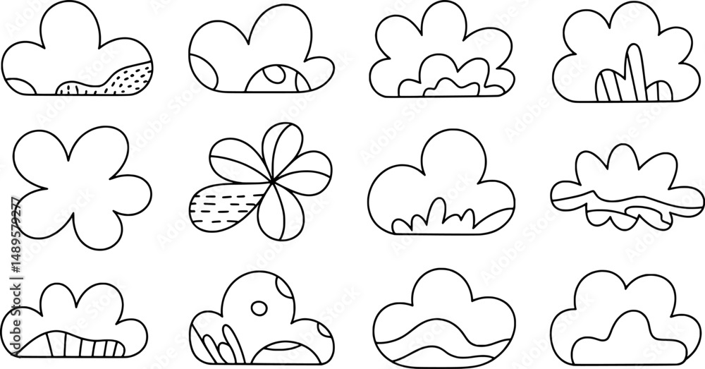 Cute cartoon clouds and flowers line art set Cute cartoon clouds and flowers line art set